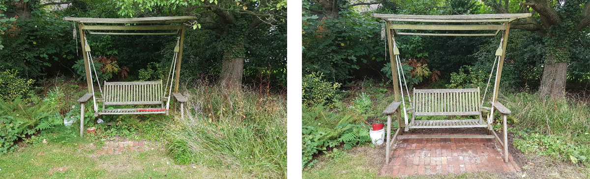 Before and after clearing under a bench to reveal paving